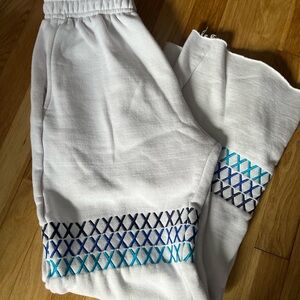“Blue X” White Sweatpants with Blue and Black Embroidery ACK Medium